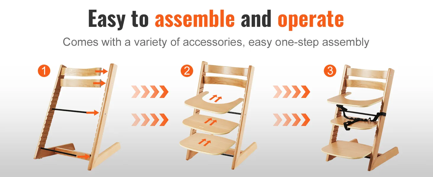 VEVOR wooden high chair assembly steps, showcasing adjustable seat and footrest with easy operation.