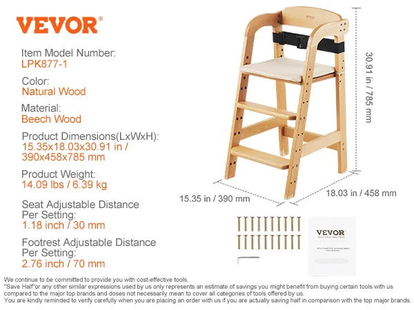 VEVOR wooden high chair in natural beech wood, adjustable seat and footrest, 15.35x18.03x30.91 inches.