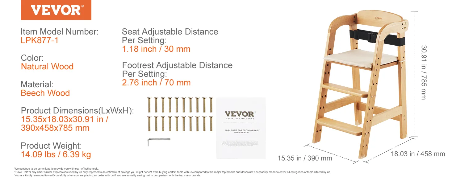 VEVOR wooden high chair in natural beech wood, adjustable seat and footrest, 15.35x18.03x30.91 inches.