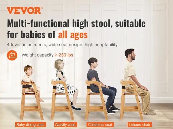 VEVOR wooden high chair with 4-level adjustments, suitable for babies and adults, weight capacity 250 lbs.