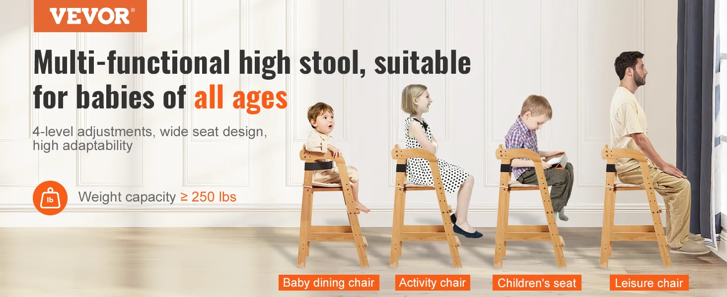 VEVOR wooden high chair with 4-level adjustments, suitable for babies and adults, weight capacity 250 lbs.