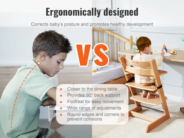 ergonomically designed VEVOR wooden high chair for correct posture and healthy baby development.