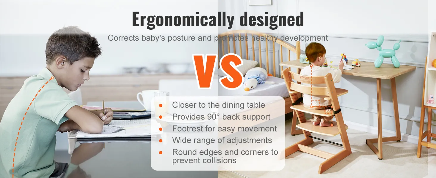 ergonomically designed VEVOR wooden high chair for correct posture and healthy baby development.
