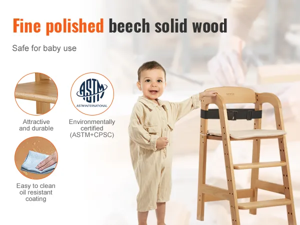 VEVOR wooden high chair made of fine polished beech, safe for baby, astm certified, and easy to clean.