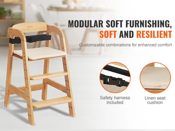 VEVOR wooden high chair with safety harness and linen seat cushion for enhanced comfort and resilience.