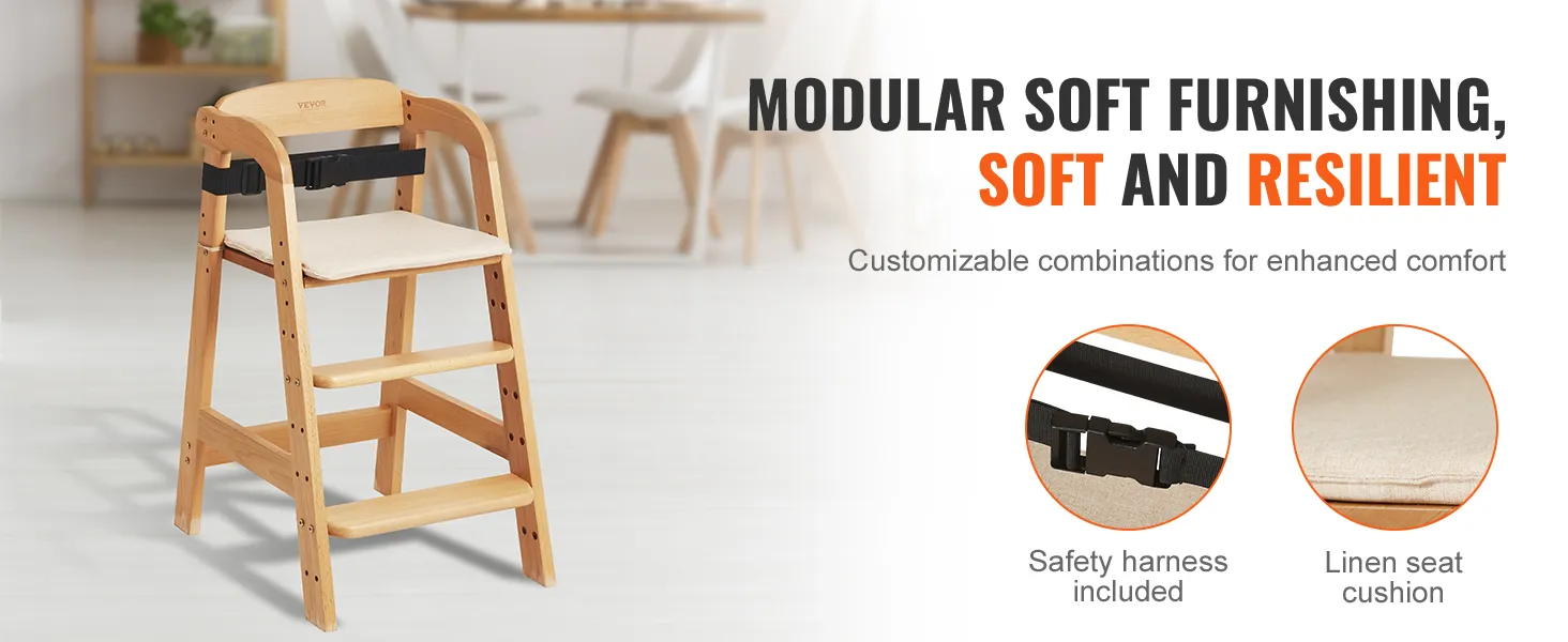 VEVOR wooden high chair with safety harness and linen seat cushion for enhanced comfort and resilience.