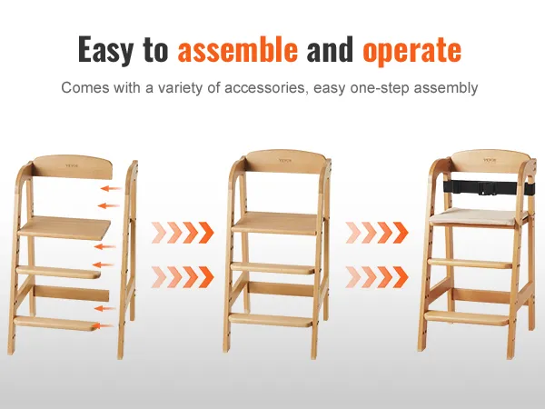 VEVOR wooden high chair easy to assemble with accessories, shown in three assembly stages.