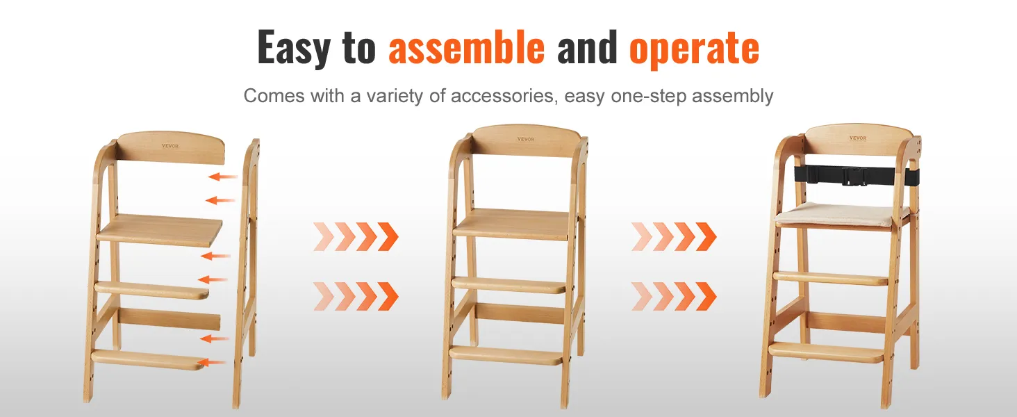 VEVOR wooden high chair easy to assemble with accessories, shown in three assembly stages.