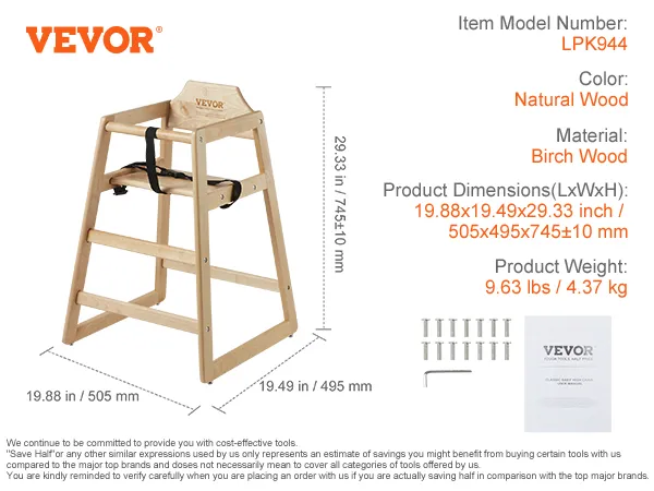 VEVOR natural birch wood baby high chair, model lpk944, dimensions 19.88x19.49x29.33 in.