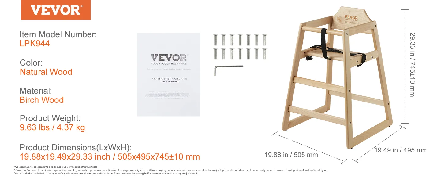VEVOR natural birch wood baby high chair, model lpk944, dimensions 19.88x19.49x29.33 in.