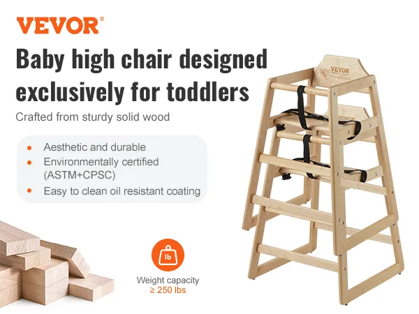 VEVOR wooden high chair for toddlers, crafted from solid wood, eco-certified, easy to clean, supports 250 lbs.