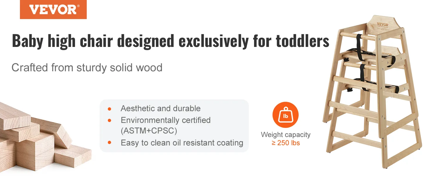 VEVOR wooden high chair for toddlers, crafted from solid wood, eco-certified, easy to clean, supports 250 lbs.