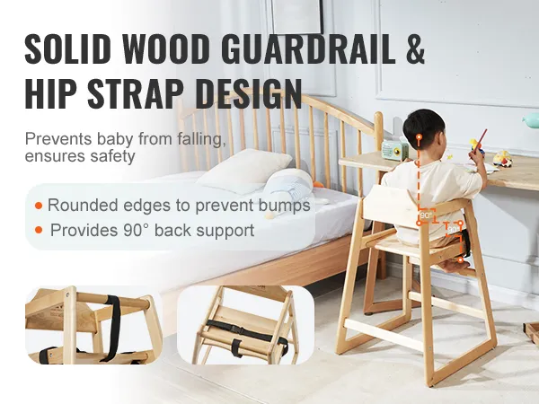 child seated in VEVOR wooden high chair with solid wood guardrail and hip strap design for safety.
