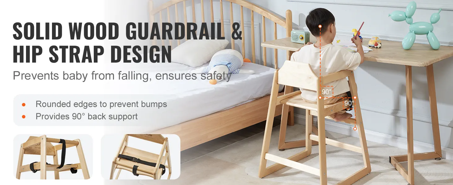 child seated in VEVOR wooden high chair with solid wood guardrail and hip strap design for safety.