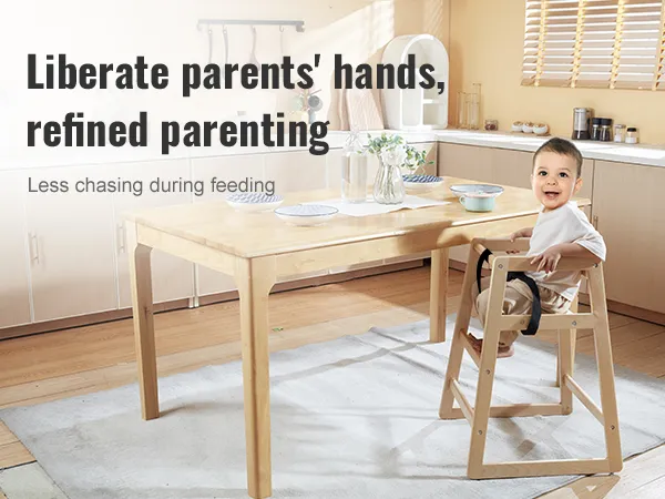 child sitting in VEVOR wooden high chair at dining table promoting refined parenting and ease during feeding.