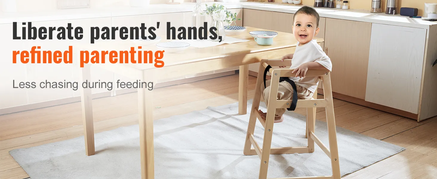 child sitting in VEVOR wooden high chair at dining table promoting refined parenting and ease during feeding.