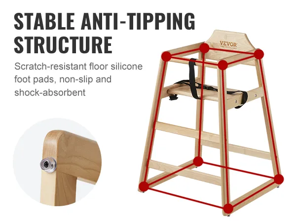 VEVOR wooden high chair with anti-tipping design, silicone foot pads, and secure harness.