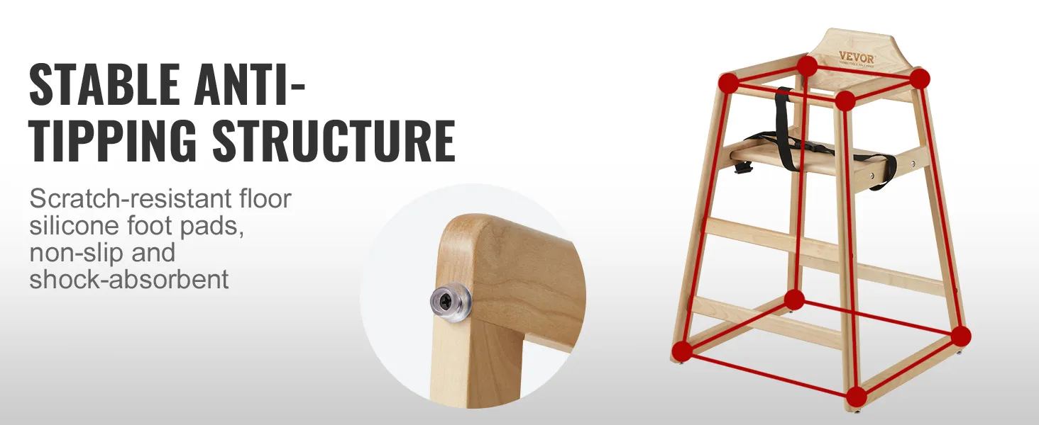 VEVOR wooden high chair with anti-tipping design, silicone foot pads, and secure harness.