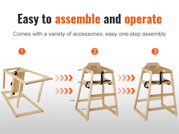 VEVOR wooden high chair assembly process: frame setup, attaching seat, completed high chair.