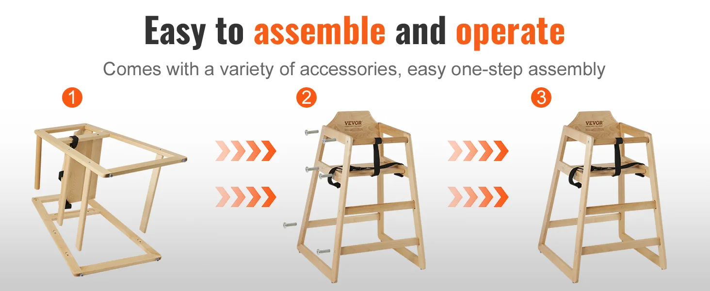 VEVOR wooden high chair assembly process: frame setup, attaching seat, completed high chair.