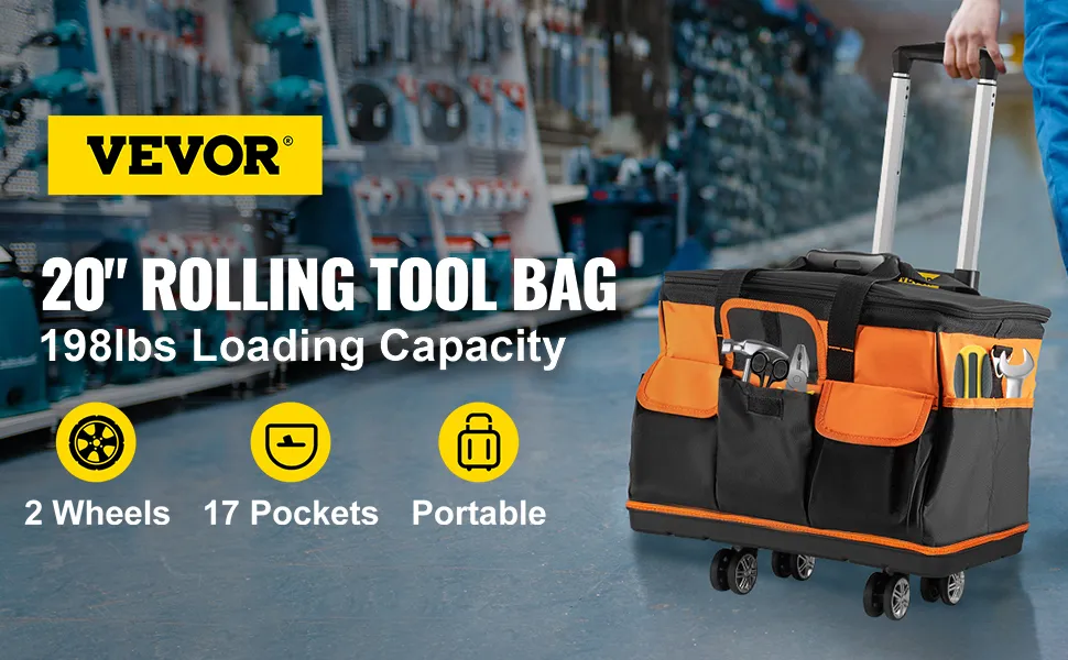 VEVOR tool bag with 2 wheels, 17 pockets, 198lbs capacity, and portable design.