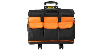 black and orange VEVOR tool bag with multiple pockets and a handle on wheels.
