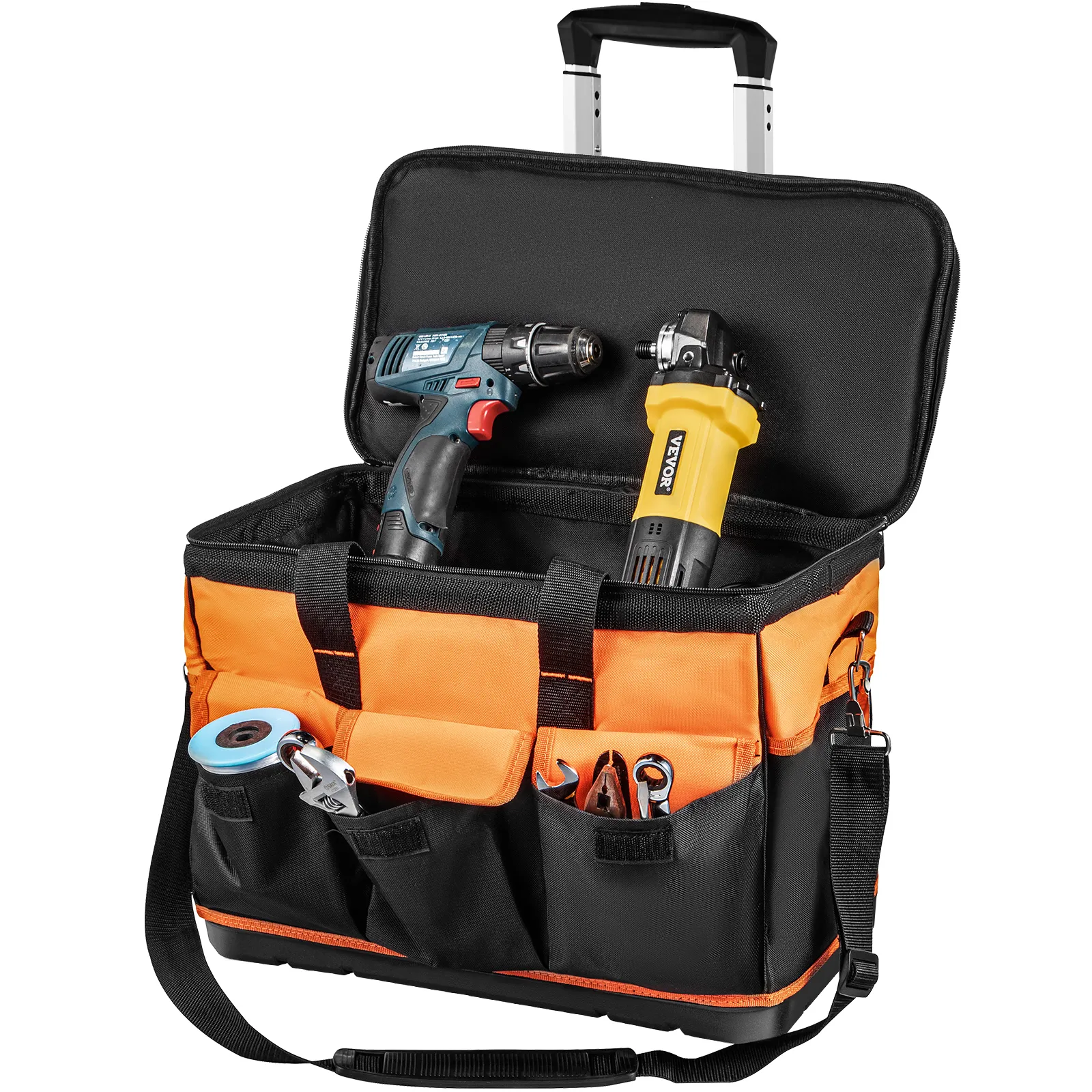 VEVOR tool bag with assorted tools, including drill, wrench, and tape, open on display.