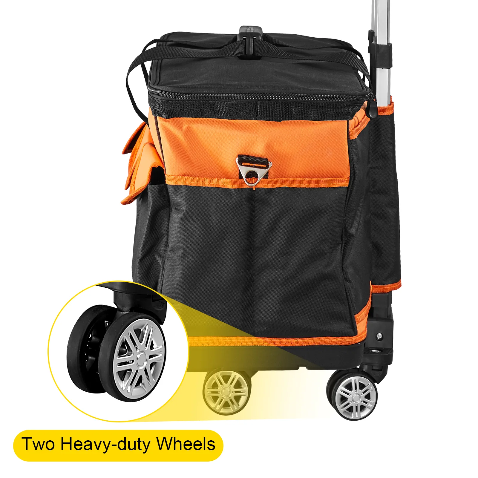 VEVOR tool bag with two heavy-duty wheels, orange and black design, and multiple pockets.