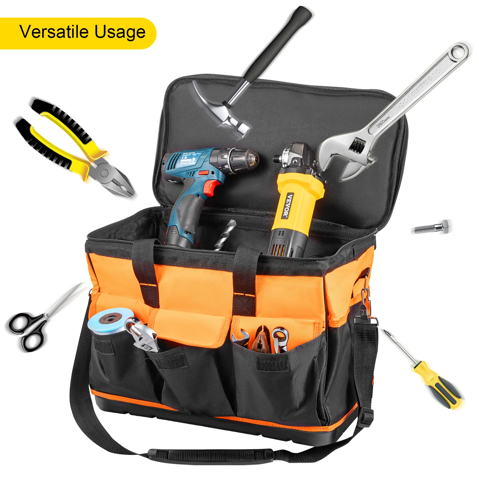 VEVOR tool bag featuring tools like drill, grinder, wrench, pliers, and hammer.