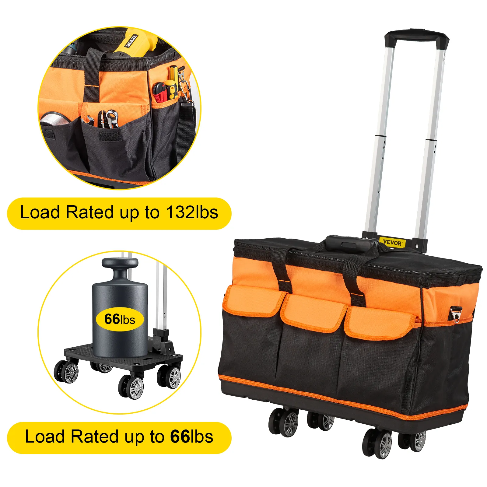 VEVOR tool bag with telescopic handle rated up to 132lbs, highlighted compartments.