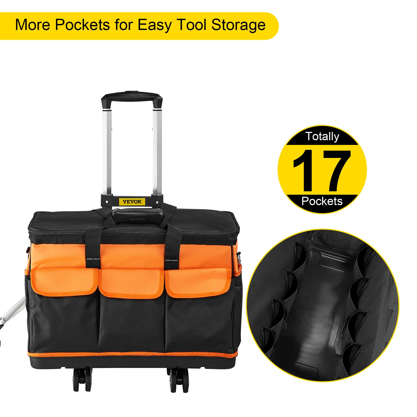 VEVOR tool bag with 17 pockets and extendable handle.