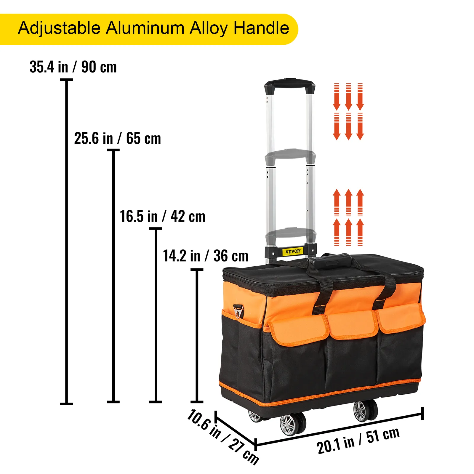 VEVOR tool bag with adjustable aluminum alloy handle, black and orange, 20.1x10.6x14.2 inches.