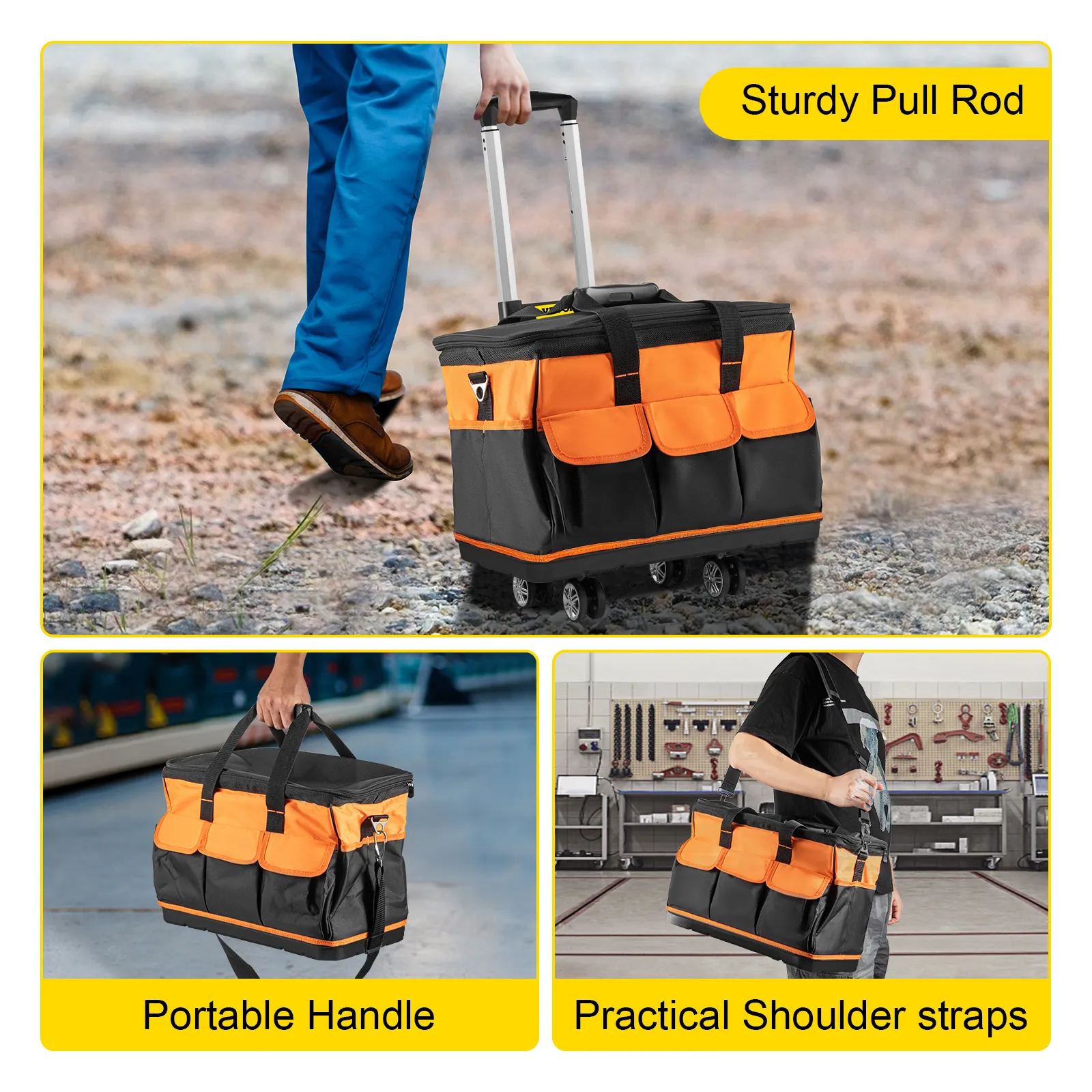 VEVOR tool bag with wheels, sturdy pull rod, portable handle, and practical shoulder straps.