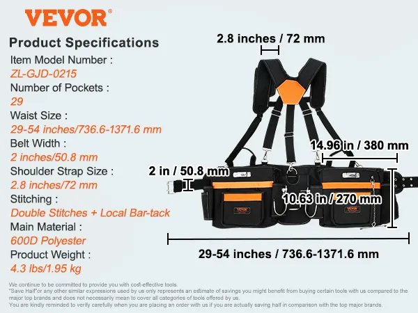 VEVOR tool belt with 29 pockets, adjustable waist size 29-54 inches, shoulder strap, and sturdy 600d polyester.