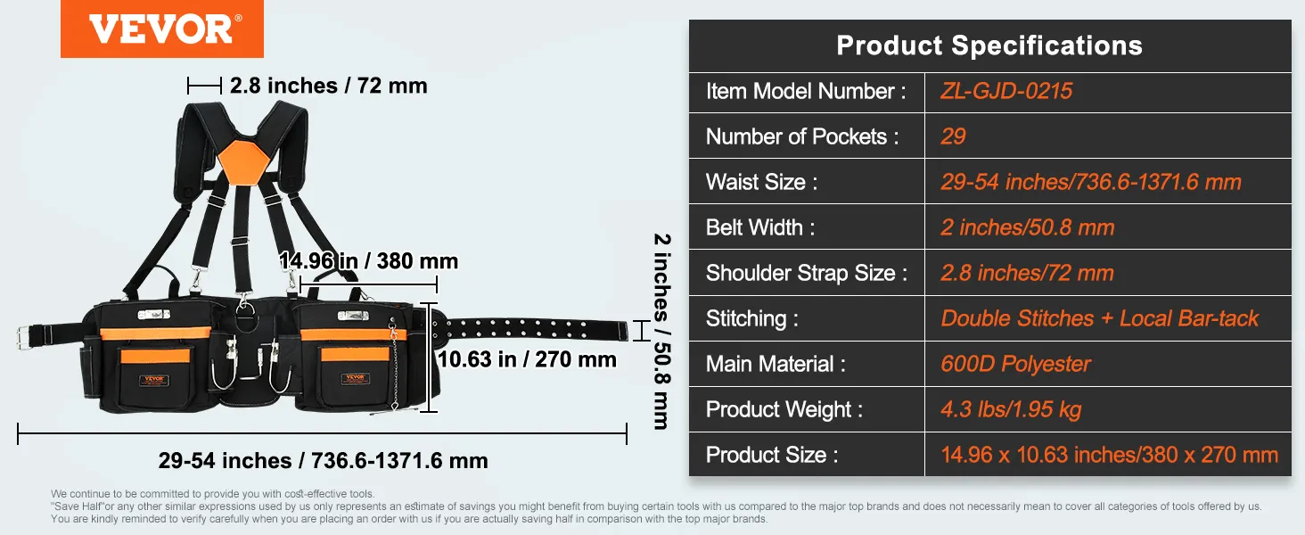 VEVOR tool belt with 29 pockets, adjustable waist size 29-54 inches, shoulder strap, and sturdy 600d polyester.