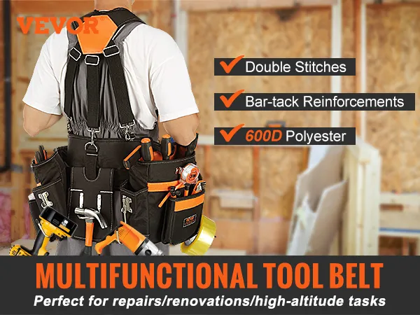 VEVOR tool belt with double stitches and bar-tack reinforcements for repairs and renovations.