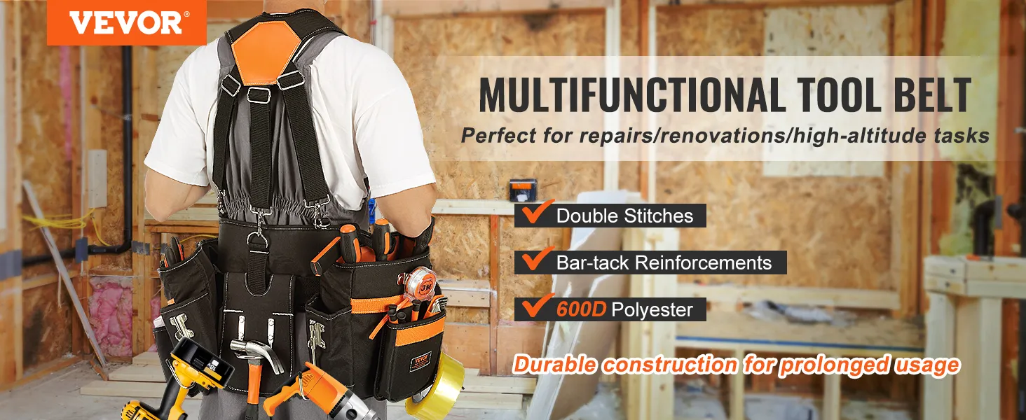 VEVOR tool belt with double stitches and bar-tack reinforcements for repairs and renovations.