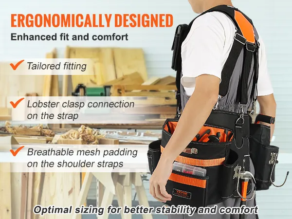 ergonomically designed VEVOR tool belt with mesh padding, lobster clasp, and tailored fitting for comfort.