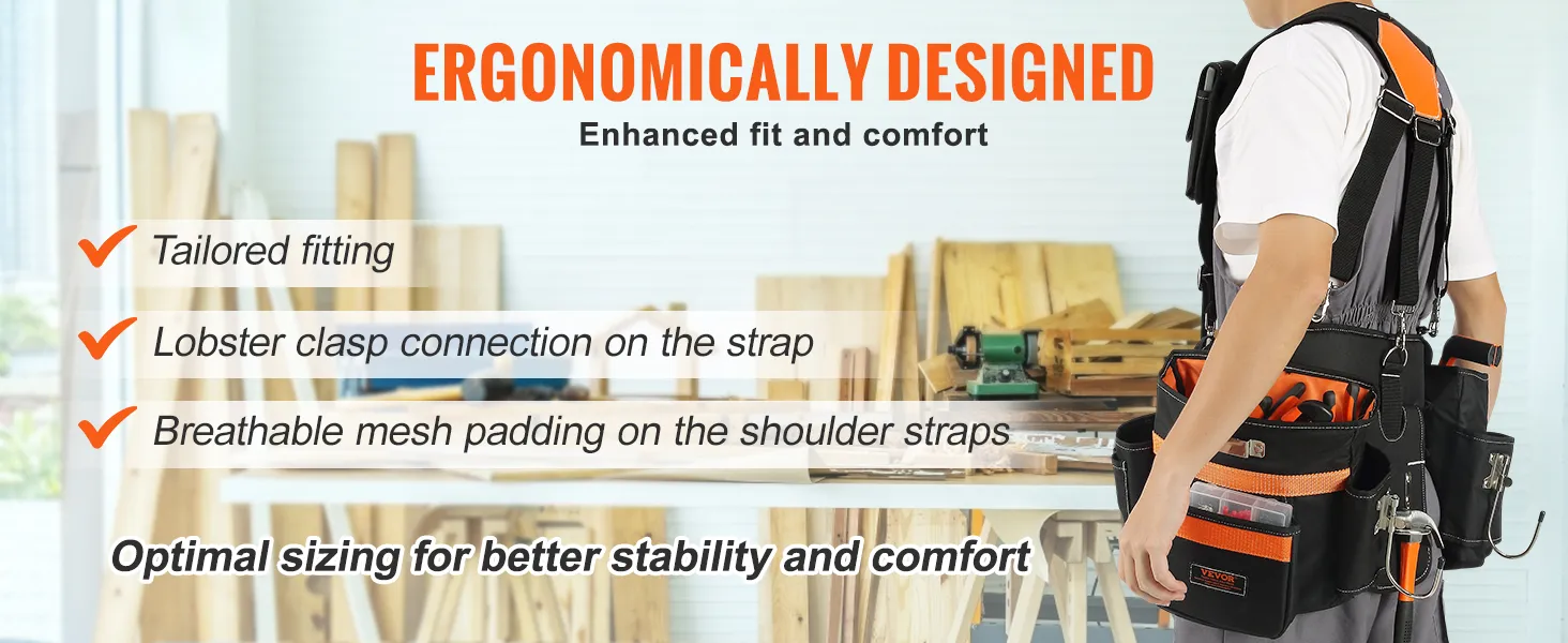 ergonomically designed VEVOR tool belt with mesh padding, lobster clasp, and tailored fitting for comfort.