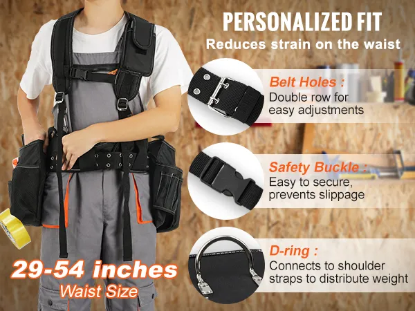 VEVOR tool belt with 2-inch width, safety buckle, belt holes, d-ring, and customizable waist size 29-54 inches.