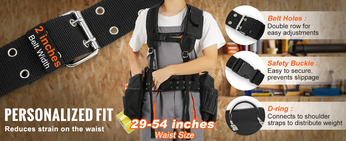 VEVOR tool belt with 2-inch width, safety buckle, belt holes, d-ring, and customizable waist size 29-54 inches.
