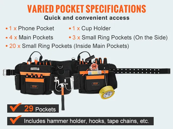 VEVOR tool belt with 29 pockets, including phone and cup holders, hammer holder, and side ring pockets.