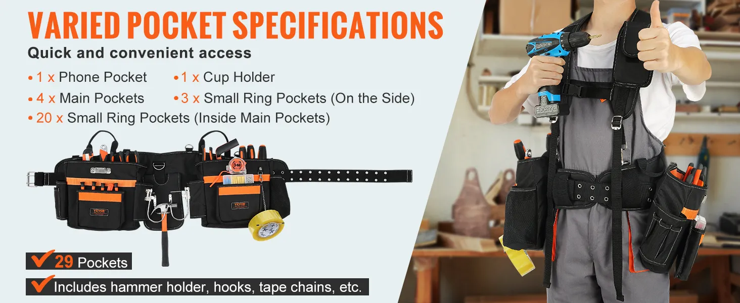 VEVOR tool belt with 29 pockets, including phone and cup holders, hammer holder, and side ring pockets.