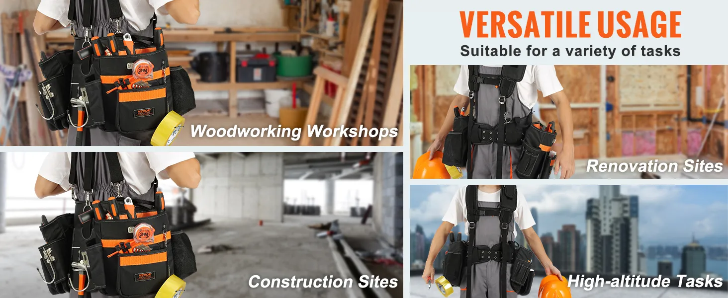 VEVOR tool belt for versatile usage in woodworking workshops, construction sites, and renovation tasks.