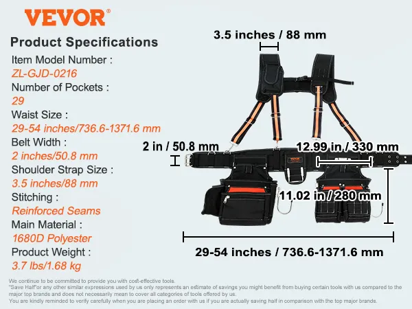 VEVOR tool belt with reinforced seams, 29 pockets, adjustable waist, and durable 1680d polyester material.