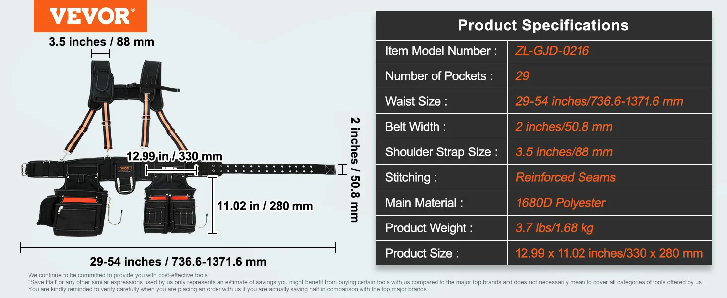 VEVOR tool belt with reinforced seams, 29 pockets, adjustable waist, and durable 1680d polyester material.