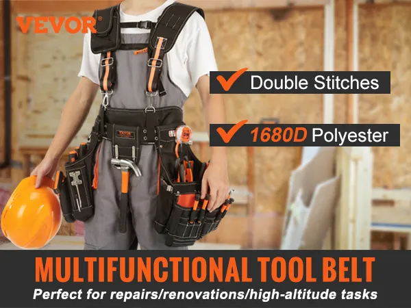 VEVOR tool belt for repairs and renovations, features double stitching and 1680d polyester for durability.