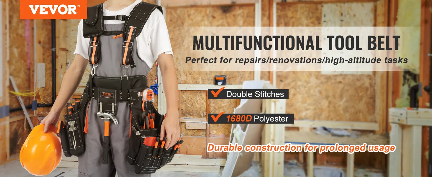 VEVOR tool belt for repairs and renovations, features double stitching and 1680d polyester for durability.