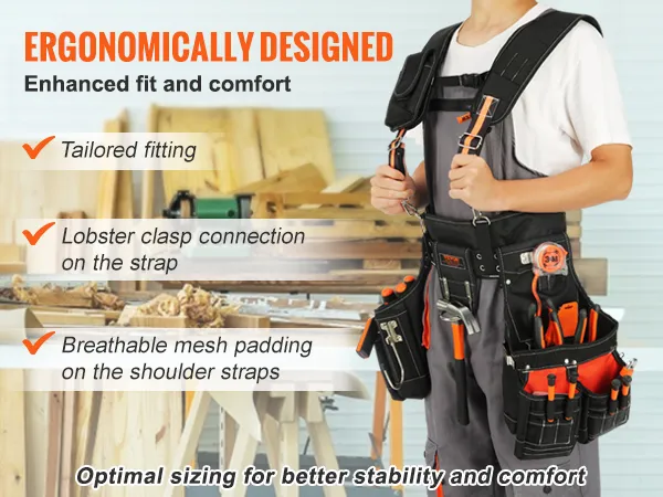 man wearing an ergonomically designed VEVOR tool belt with various tools, emphasizing fit and comfort.