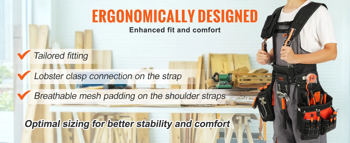 man wearing an ergonomically designed VEVOR tool belt with various tools, emphasizing fit and comfort.